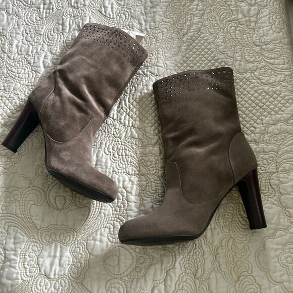 Dark Green Suede Mid-Calf Boots With Rhinestone Accents - Picture 5 of 12